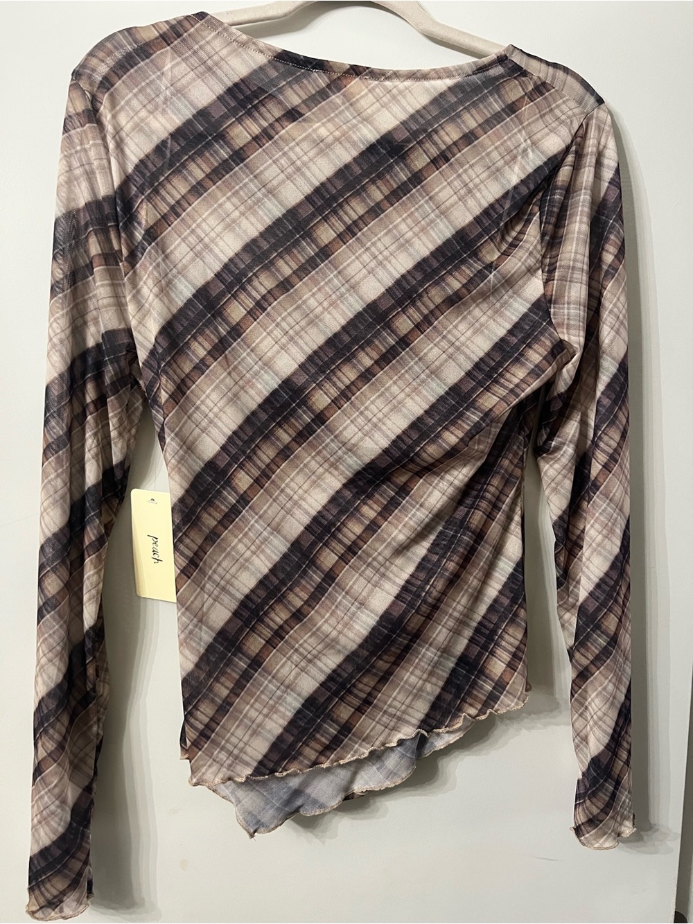 New Ruched Plaid Long-Sleeve Top in Beige and Brown - Picture 6 of 6